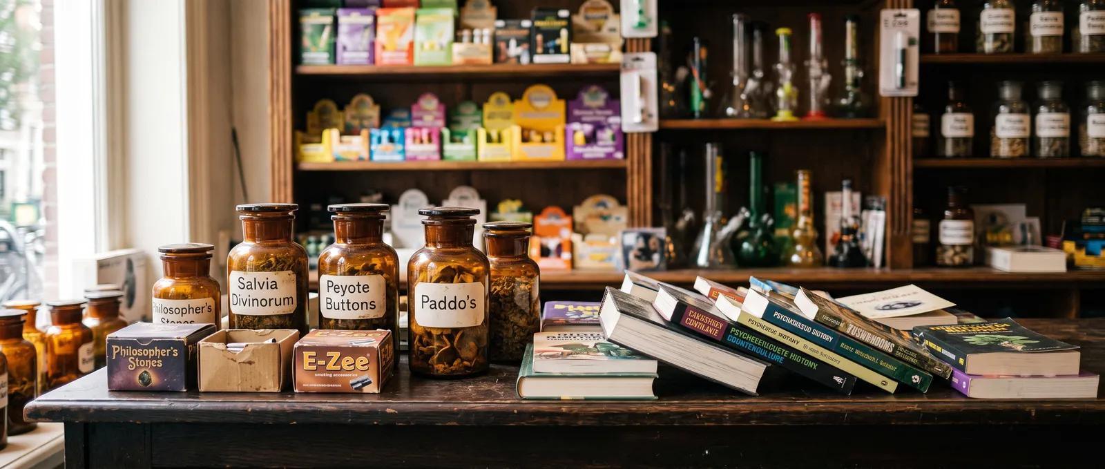The Azarius smartshop in Amsterdam — canal-street storefront and interior with product shelves and counter
